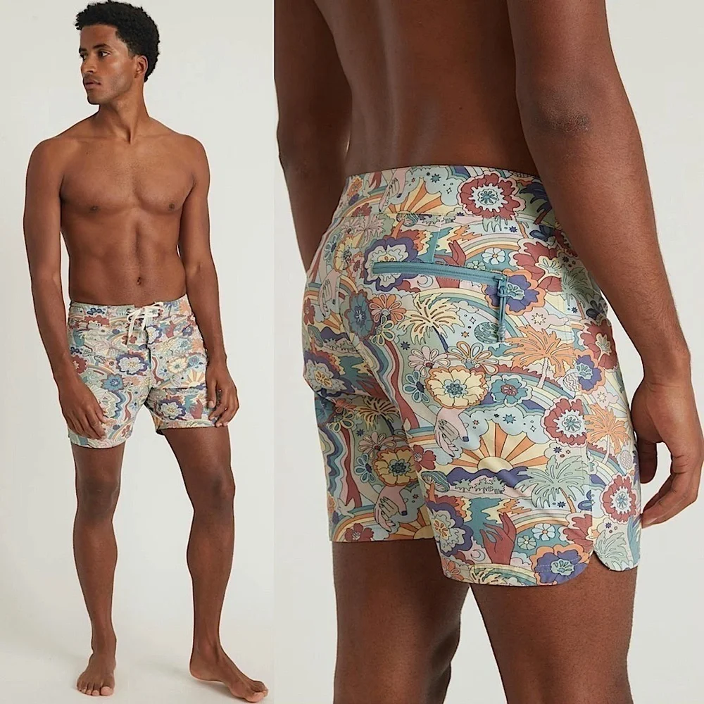 NWT MARINE LAYER Men’s Groovy Vintage Tropical Print 6.5” Inseam Board Shorts 30